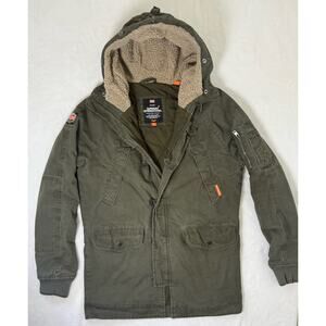 SUPERDRY International Military Style Jacket Sz Small Hood Mid-length Army Green